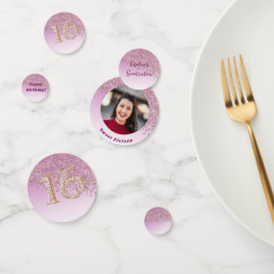 Rose Gold Glitter Sweet 16 Birthday Photo Confetti