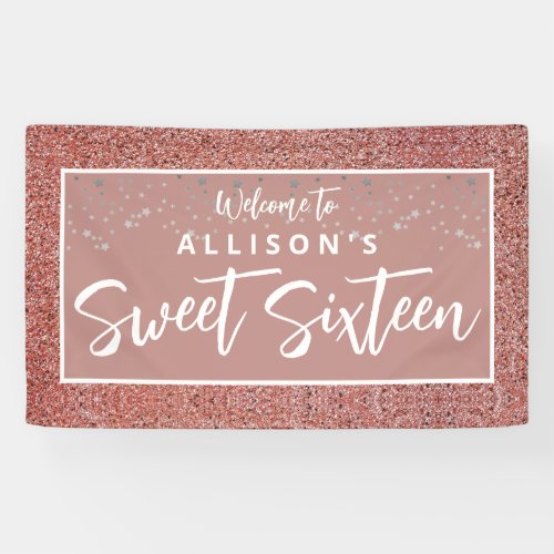 Rose Gold Glitter Sweet 16 Birthday Welcome Name Banner