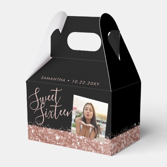 Rose Gold Glitter Sweet 16 Chic Photo  Favor Boxes (Front Side)