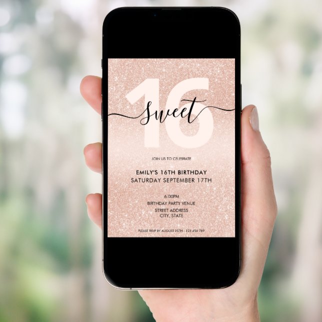 Rose Gold Glitter Sweet 16 Invitation (Front Digital)