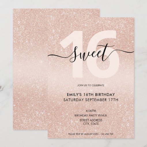 Rose Gold Glitter Sweet 16 Invitation | Zazzle