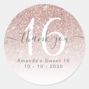 Rose Gold Glitter Sweet 16 Party Favor Thank You Classic Round Sticker by epclarke at Zazzle