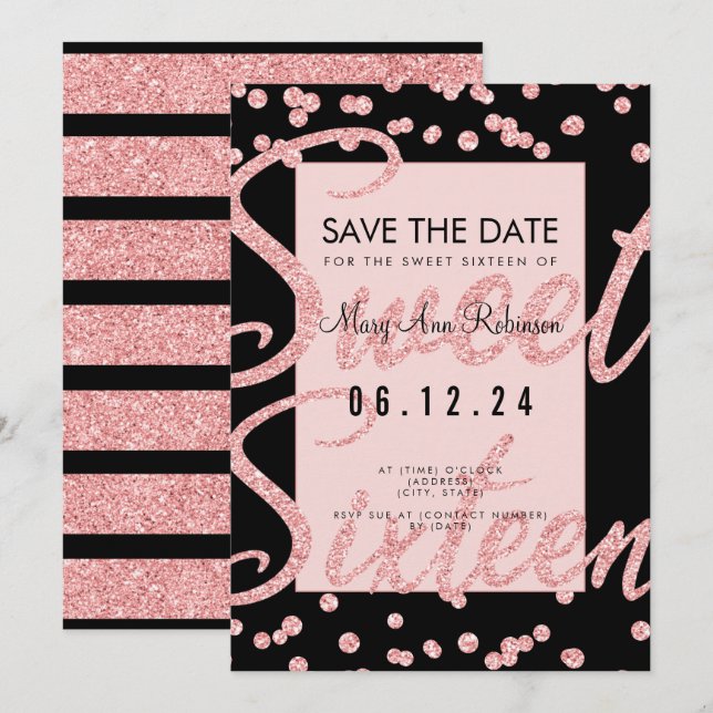 Rose Gold Glitter Sweet 16 Party Save Date Black Invitation (Front/Back)