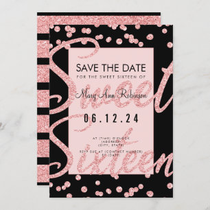 Rose Gold Glitter Sweet 16 Party Save Date Black Invitation