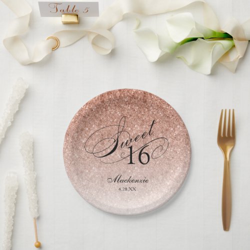 Rose Gold Glitter Sweet 16 Personalized Paper Plates