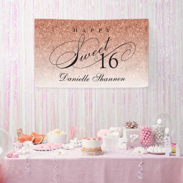 Rose Gold Glitter Sweet 16 Personalized  Party Banner (Party)