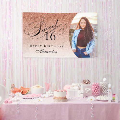 Rose Gold Glitter Sweet 16 Personalized Photo Banner