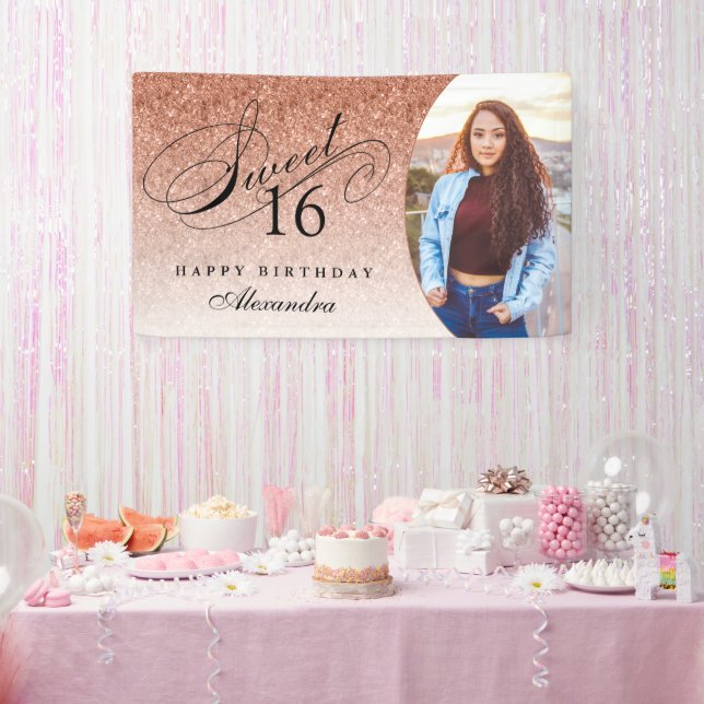 Rose Gold Glitter Sweet 16 Personalized Photo Banner (Party)