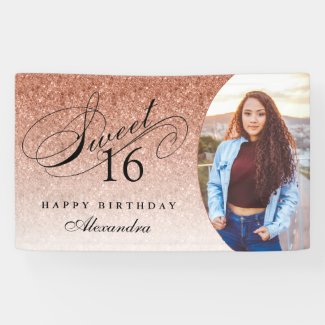 Rose Gold Glitter Sweet 16 Personalized Photo Banner