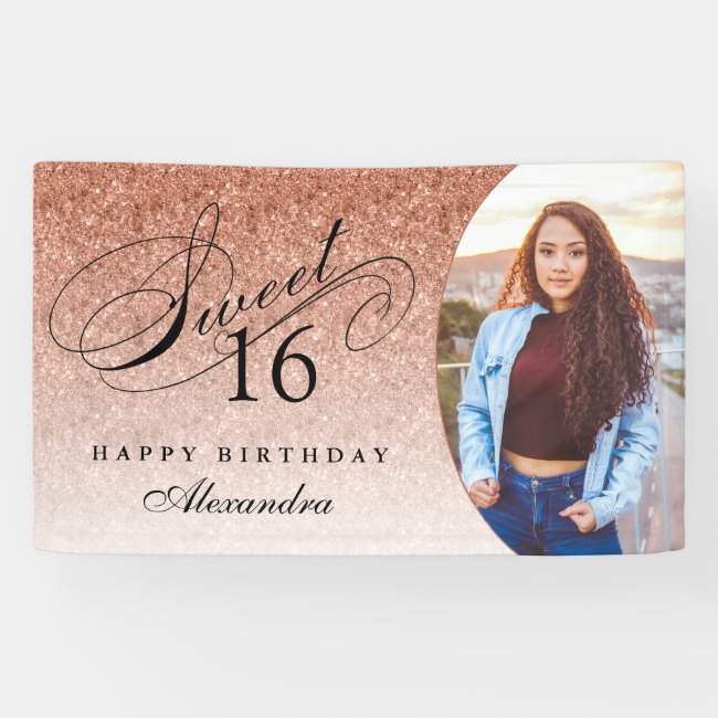 Rose Gold Glitter Sweet 16 Personalized Photo Banner