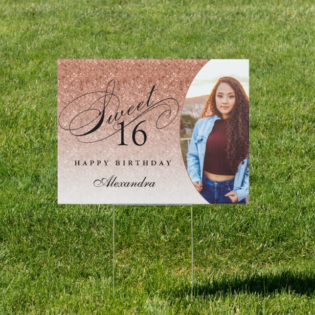 Rose Gold Glitter Sweet 16 Personalized Photo Yard Sign (Insitu)