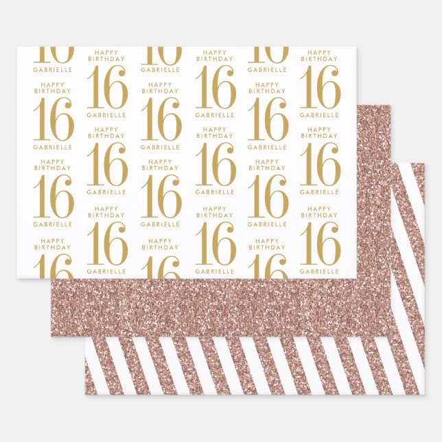 Rose Gold Glitter Sweet 16 Personalized Pink Wrapping Paper Sheets (Set)