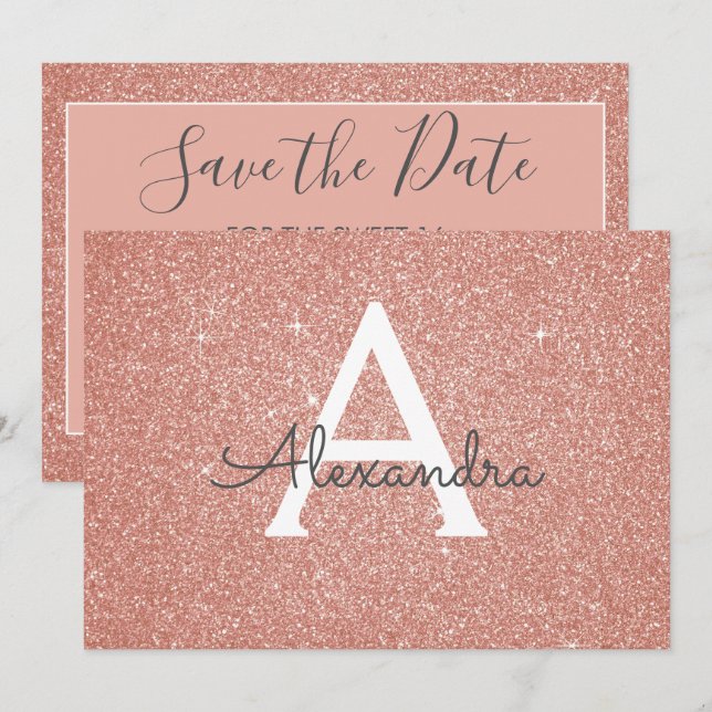 Rose Gold Glitter Sweet 16 Save the Date Invitation (Front/Back)