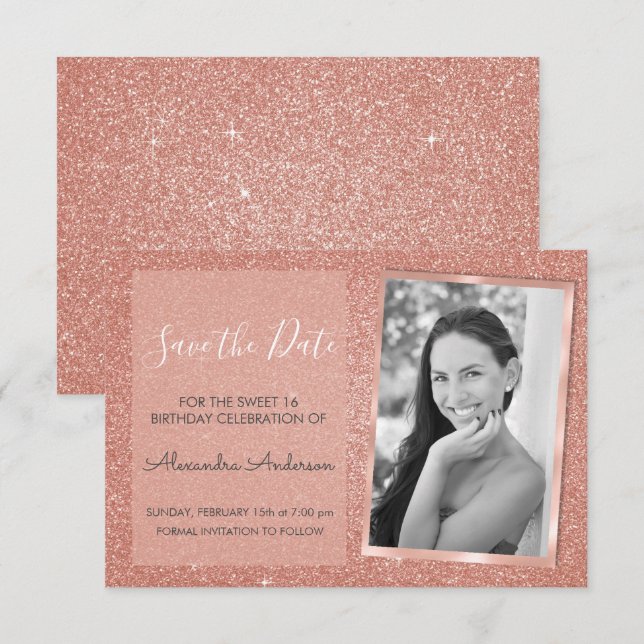 Rose Gold Glitter Sweet 16 Save the Date Invitation (Front/Back)