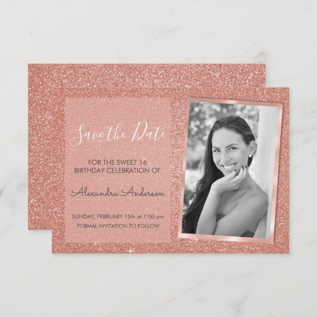 Rose Gold Glitter Sweet 16 Save the Date Invitation (Front/Back)