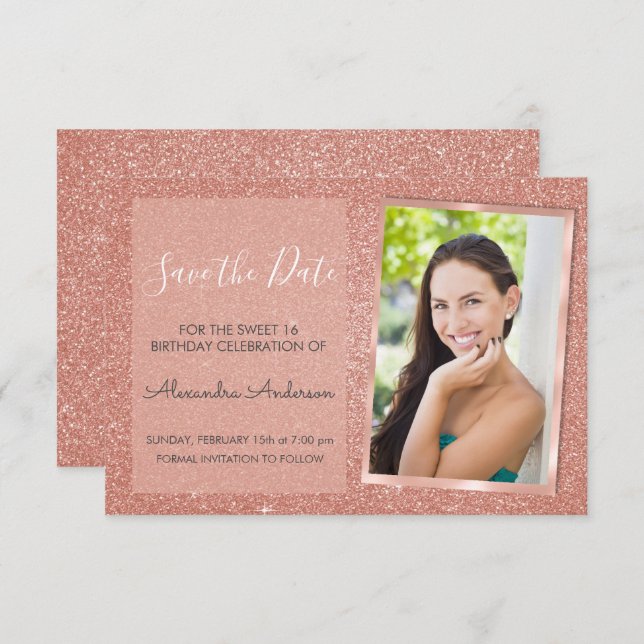 Rose Gold Glitter Sweet 16 Save the Date Invitation (Front/Back)