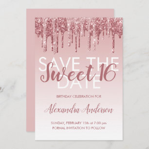 Rose Gold Glitter Sweet 16 Save the Date Invitation