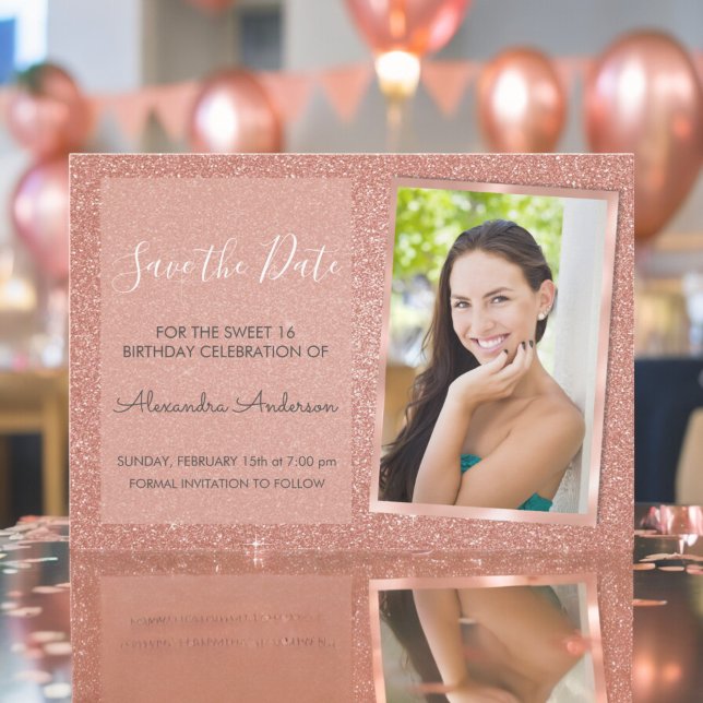 Rose Gold Glitter Sweet 16 Save the Date Invitation (Creator Uploaded)