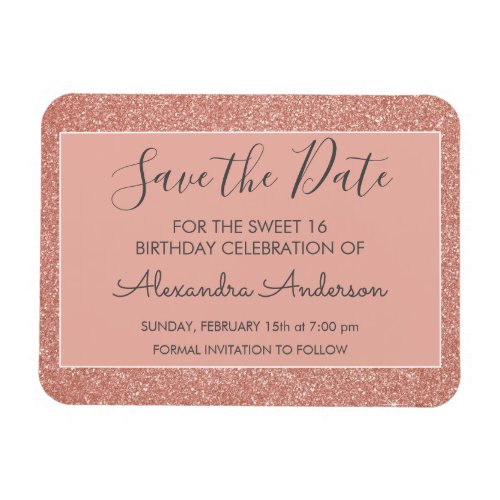 Rose Gold Glitter Sweet 16 Save the Date Magnet