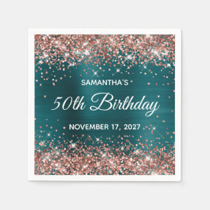 Rose Gold Glitter Teal Blue 50th Birthday Napkins