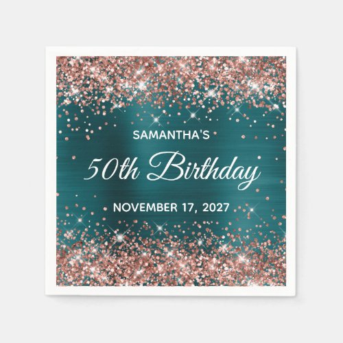 Rose Gold Glitter Teal Blue 50th Birthday Napkins