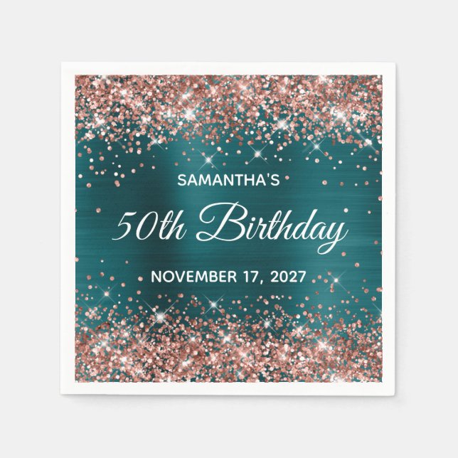 Rose Gold Glitter Teal Blue 50th Birthday Napkins (Front)