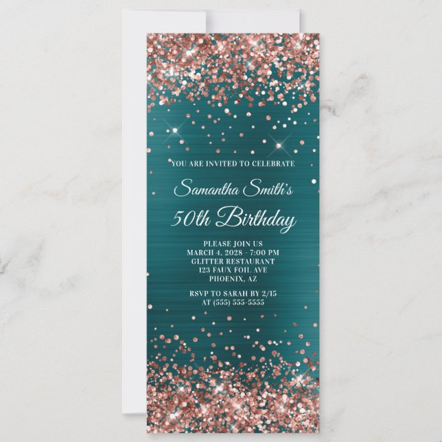 Rose Gold Glitter Teal Blue Foil 50th Birthday Invitation (Front)