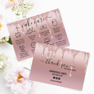 Rose Gold Glitter Thank You Cake Care Instructions Business Card