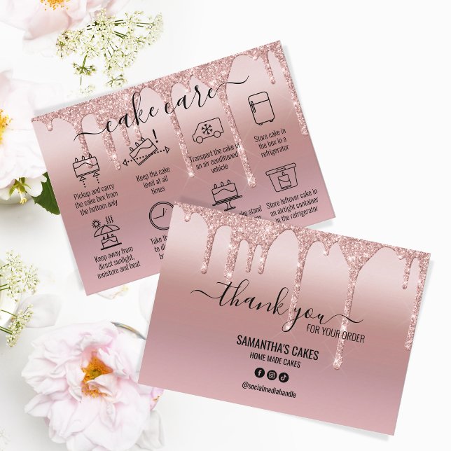 Rose Gold Glitter Thank You Cake Care Instructions Business Card (Creator Uploaded)