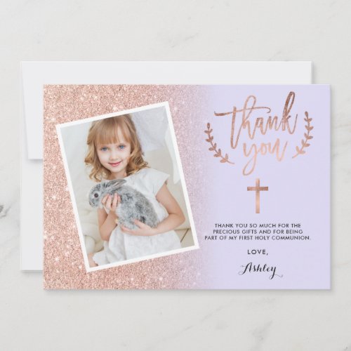 Rose gold glitter thank you first communion photo