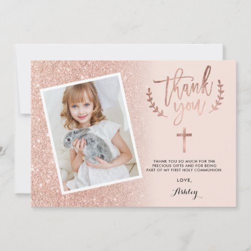 Rose gold glitter thank you first communion photo