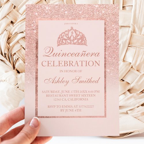 Rose gold glitter tiara elegant chic Quinceaera I Invitation