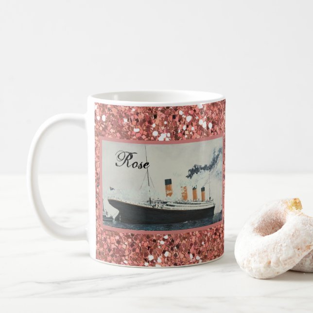 Rose Gold Glitter Titanic Personalized Girly Coffee Mug (With Donut)