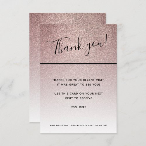 Rose Gold Glitter Trendy Hair Salon Makeup Artist  Thank You Card