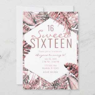 Rose Gold Glitter Tropical Palm Leaves Sweet 16  I Invitation