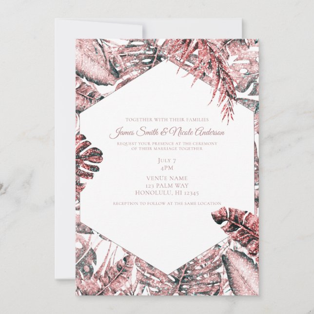 Rose Gold Glitter Tropical Palm Leaves Wedding Invitation (Front)