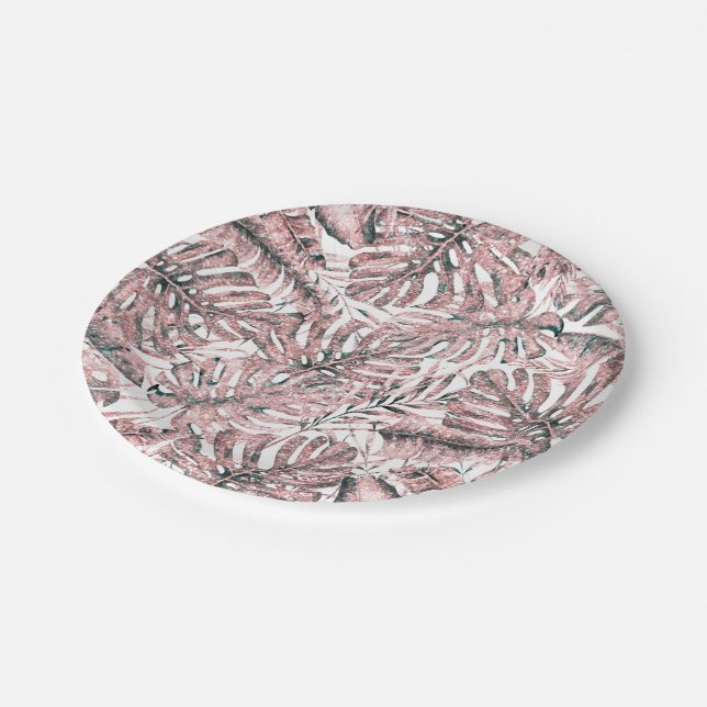 Rose Gold Glitter Tropical Palm Leaves Wedding  Paper Plates (Angled)