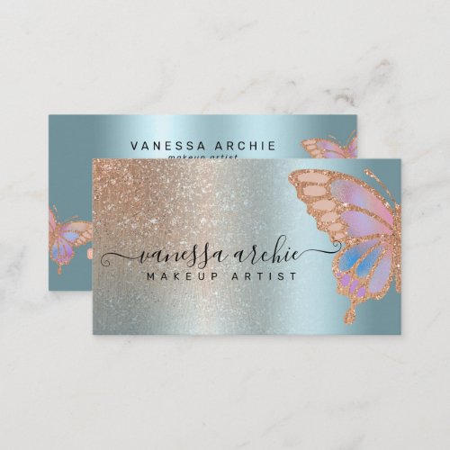 Rose Gold Glitter Turquoise Foil Rainbow Butterfly Business Card