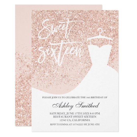 Rose gold glitter typography blush dress Sweet 16 Invitation | Zazzle.com
