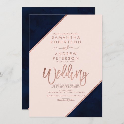 Rose gold glitter typography blush navy wedding invitation