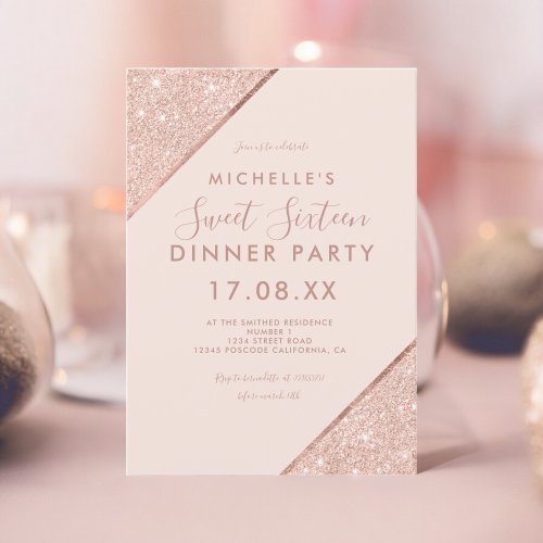 Rose gold glitter typography blush photo sweet 16 invitation