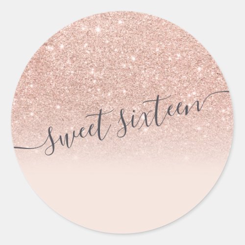 Rose gold glitter typography blush pink Sweet 16 Classic Round Sticker