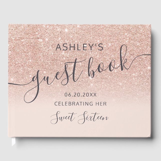 Rose gold glitter typography blush pink Sweet 16 Guest Book (Front)