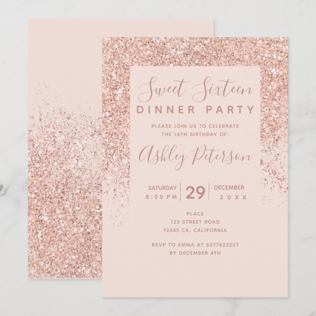Rose gold glitter typography blush pink Sweet 16 Invitation (Front/Back)
