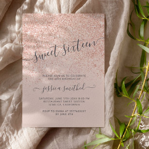 Rose gold glitter typography blush pink Sweet 16 Invitation