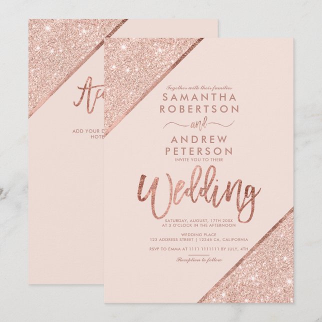 Rose gold glitter typography blush pink wedding invitation (Front/Back)