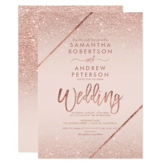 Rose Gold Glitter Typography Blush Pink Wedding Invitation