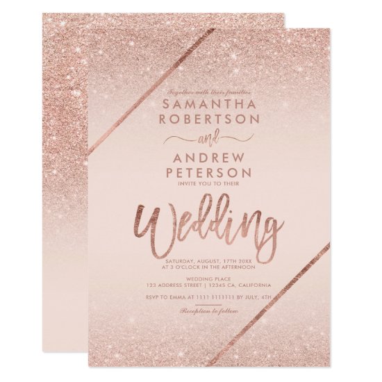 Rose gold glitter typography blush pink wedding invitation