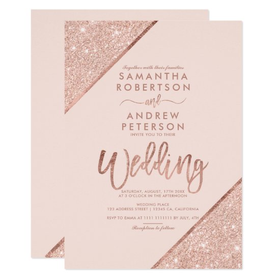 Rose gold glitter typography blush pink wedding invitation