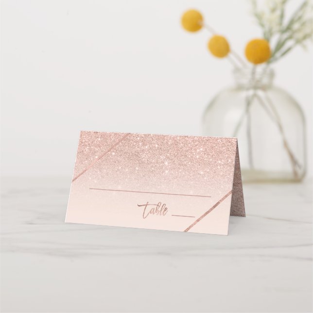 Rose gold glitter typography blush pink wedding place card (Front)